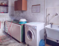 home appliance, floor, bathroom, washing machine, waste container, sink, indoor